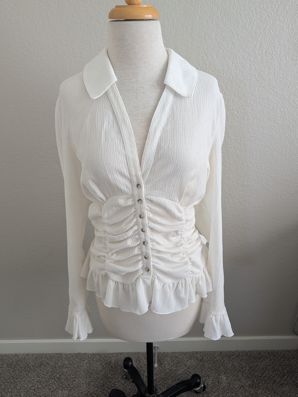 Maeve Cream Ruched Button-Front Blouse